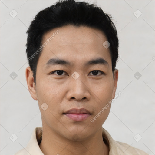 Neutral asian young-adult male with short  black hair and brown eyes