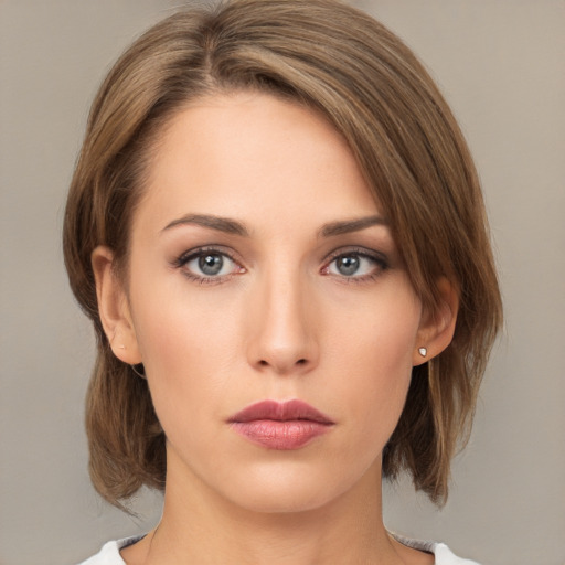 Neutral white young-adult female with medium  brown hair and brown eyes