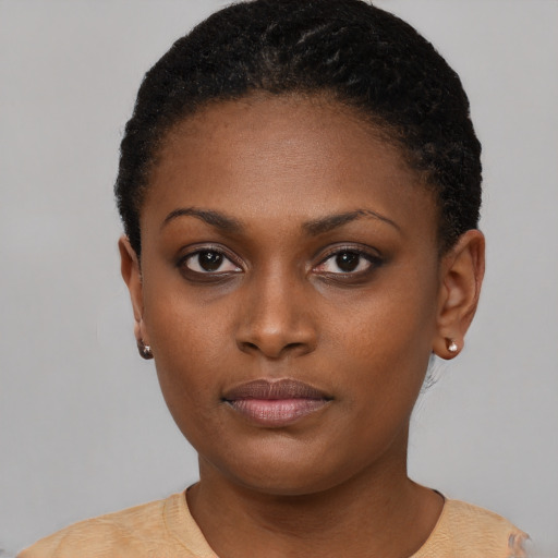 Neutral black young-adult female with short  black hair and brown eyes
