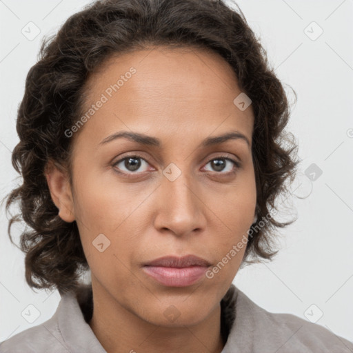 Neutral white adult female with medium  brown hair and brown eyes