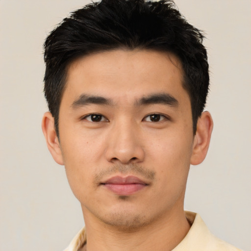 Neutral asian young-adult male with short  black hair and brown eyes