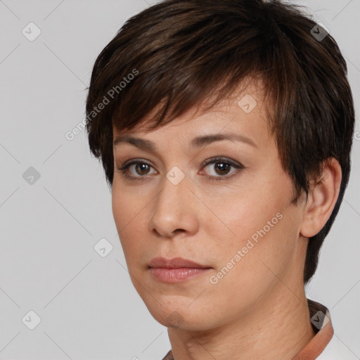 Neutral white young-adult female with short  brown hair and brown eyes