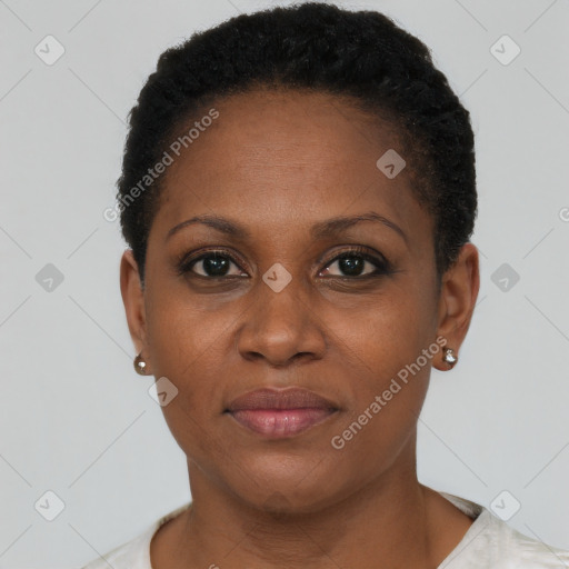 Joyful black adult female with short  brown hair and brown eyes