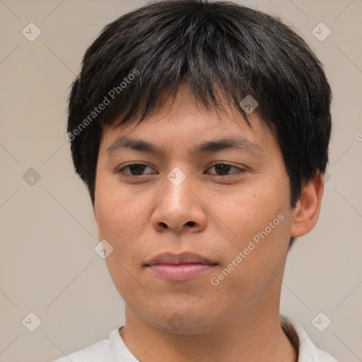 Neutral asian young-adult male with short  brown hair and brown eyes