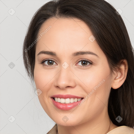 Joyful white young-adult female with medium  brown hair and brown eyes