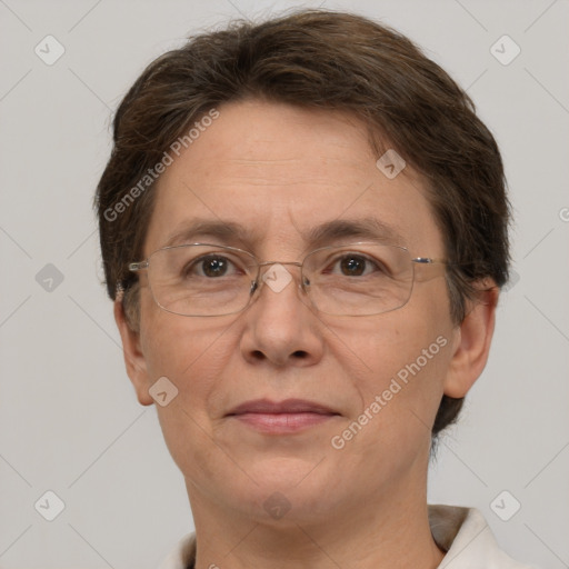 Joyful white middle-aged female with short  brown hair and brown eyes