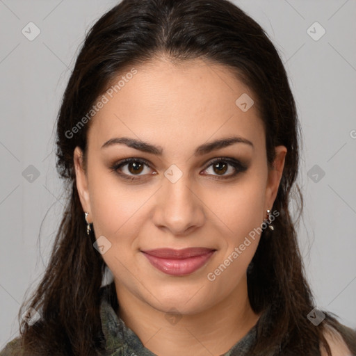 Joyful latino young-adult female with medium  brown hair and brown eyes