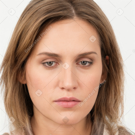 Neutral white young-adult female with long  brown hair and brown eyes