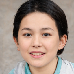 Joyful white child female with medium  brown hair and brown eyes