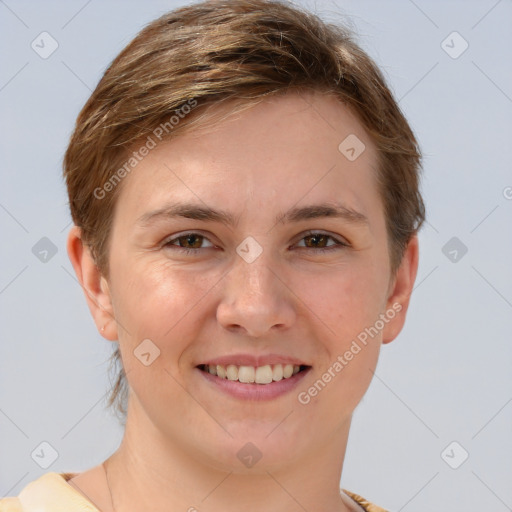 Joyful white young-adult female with short  brown hair and brown eyes