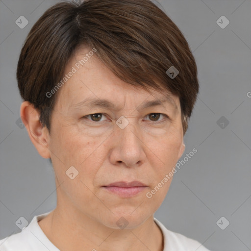 Neutral white adult female with short  brown hair and brown eyes