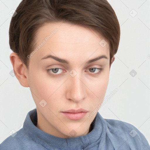 Neutral white young-adult female with short  brown hair and grey eyes