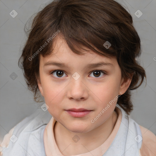 Joyful white child female with medium  brown hair and brown eyes