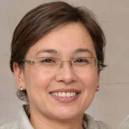 Joyful white adult female with medium  brown hair and brown eyes