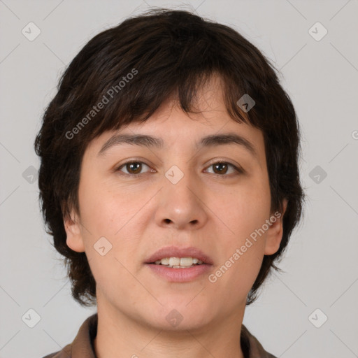 Neutral white young-adult female with medium  brown hair and brown eyes