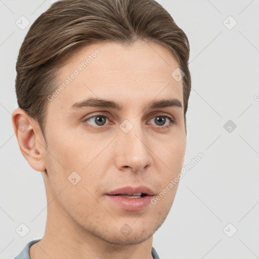 Neutral white young-adult male with short  brown hair and brown eyes