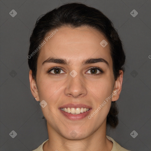 Joyful white young-adult female with short  brown hair and brown eyes