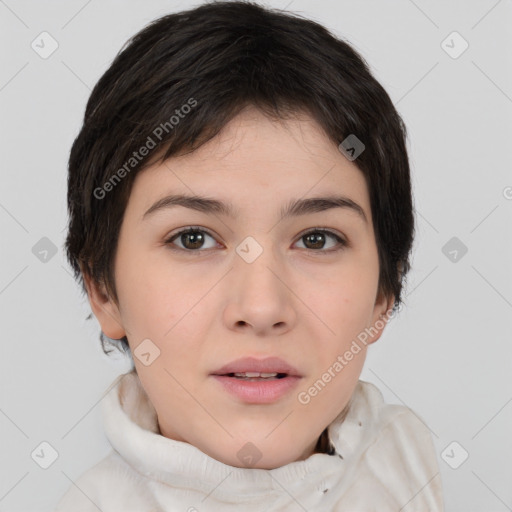 Neutral white young-adult female with short  brown hair and brown eyes