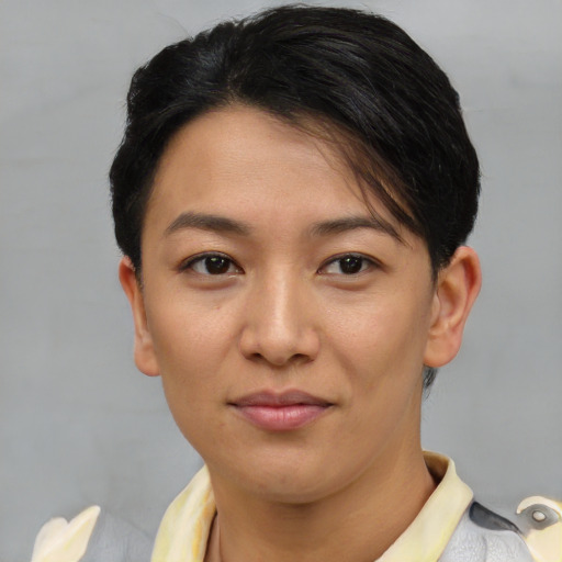 Joyful asian young-adult female with short  brown hair and brown eyes