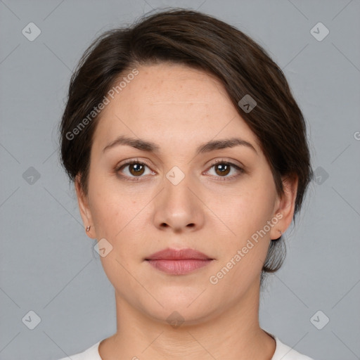 Neutral white young-adult female with medium  brown hair and brown eyes