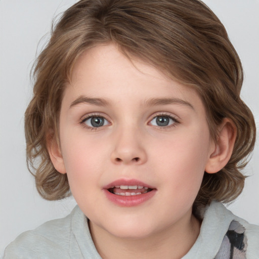 Joyful white child female with medium  brown hair and blue eyes