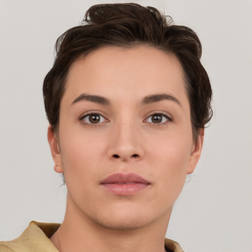 Neutral white young-adult female with short  brown hair and brown eyes