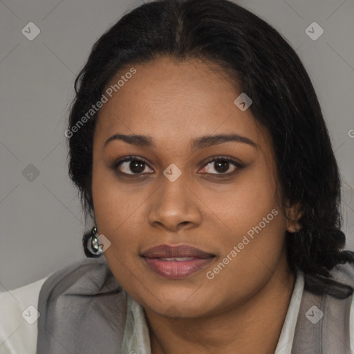 Joyful latino young-adult female with long  black hair and brown eyes
