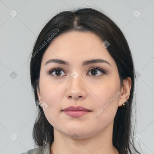 Neutral asian young-adult female with medium  black hair and brown eyes