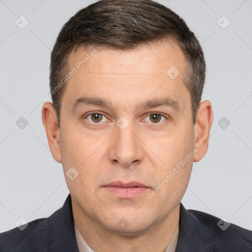 Neutral white adult male with short  brown hair and brown eyes