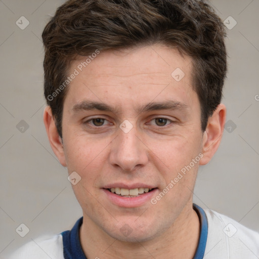 Joyful white adult male with short  brown hair and grey eyes