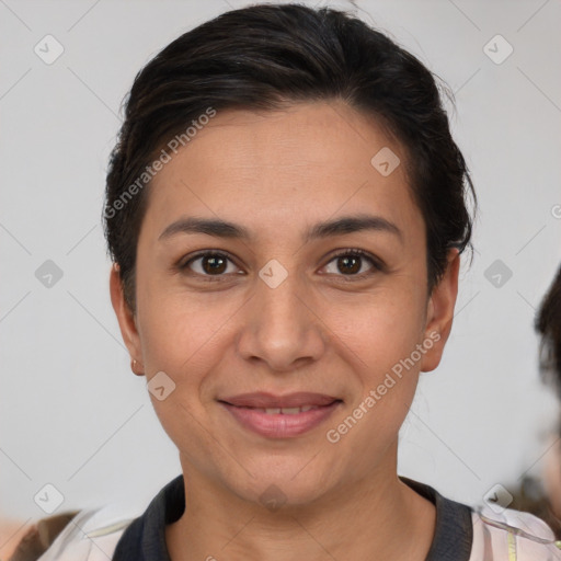 Joyful white young-adult female with short  brown hair and brown eyes