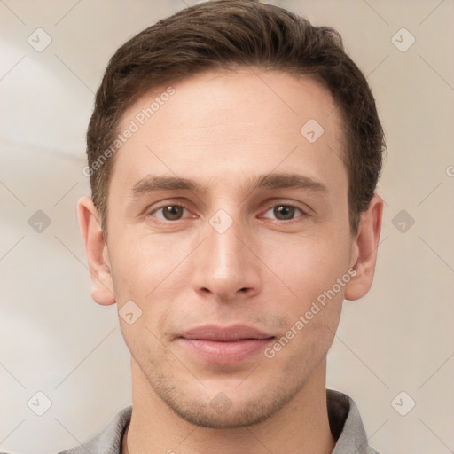 Neutral white young-adult male with short  brown hair and grey eyes