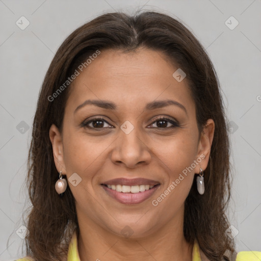 Joyful white adult female with medium  brown hair and brown eyes