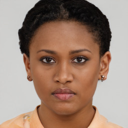 Neutral black young-adult female with short  brown hair and brown eyes