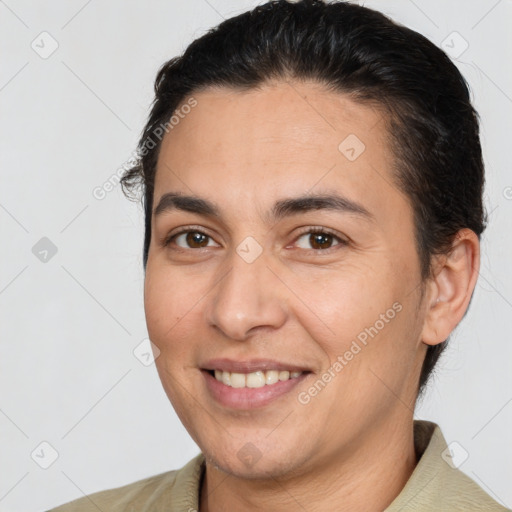 Joyful white young-adult male with medium  brown hair and brown eyes