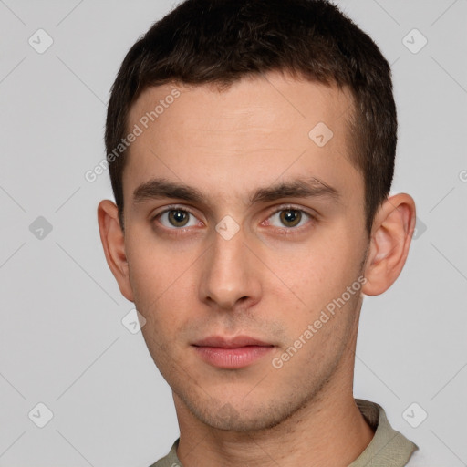 Neutral white young-adult male with short  brown hair and grey eyes