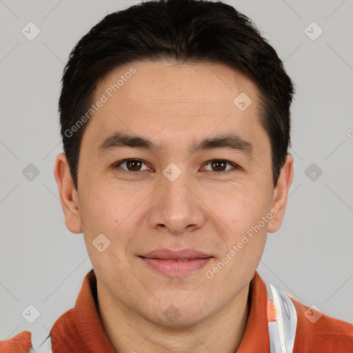 Joyful white adult male with short  brown hair and brown eyes