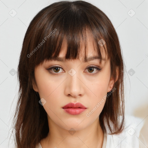 Neutral white young-adult female with medium  brown hair and brown eyes