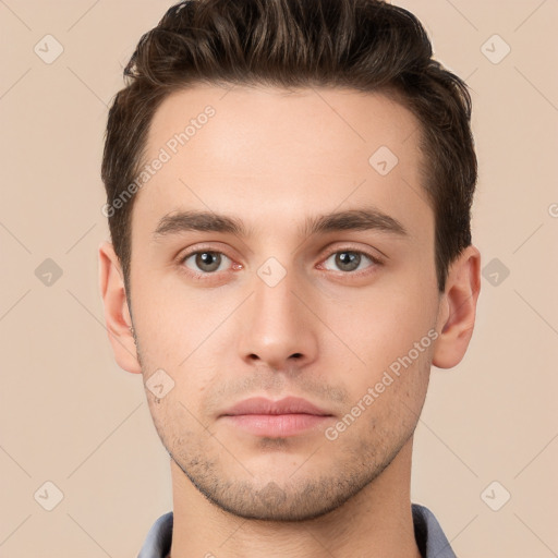 Neutral white young-adult male with short  brown hair and brown eyes