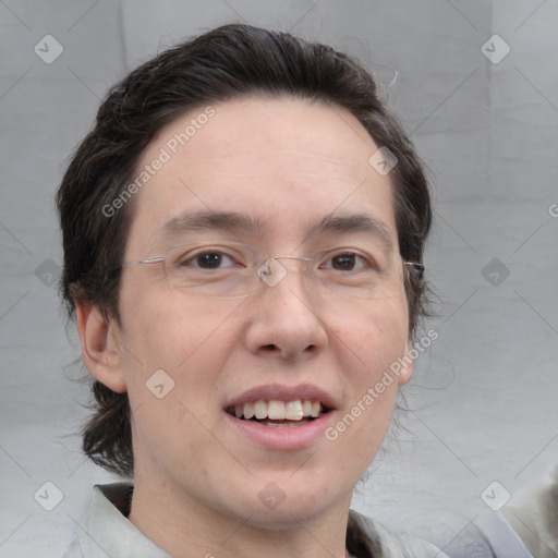 Joyful white young-adult male with medium  brown hair and brown eyes