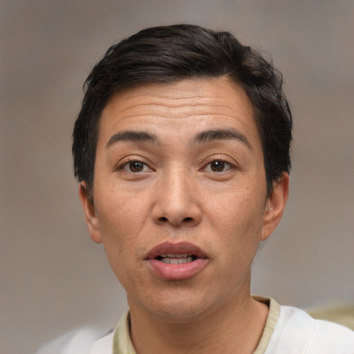 Joyful white adult female with short  brown hair and brown eyes