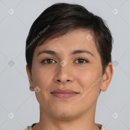 Joyful white young-adult female with short  brown hair and brown eyes