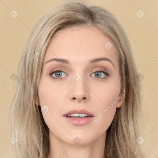 Neutral white young-adult female with long  brown hair and grey eyes