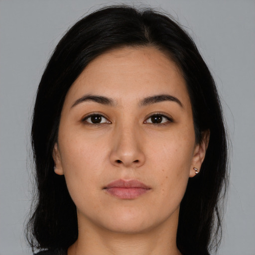 Neutral asian young-adult female with long  brown hair and brown eyes