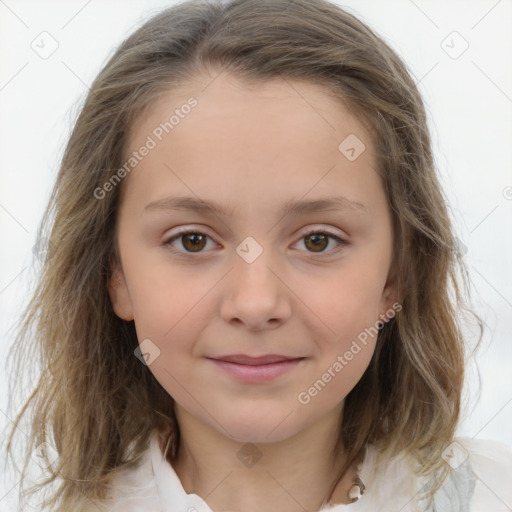 Joyful white child female with medium  brown hair and brown eyes