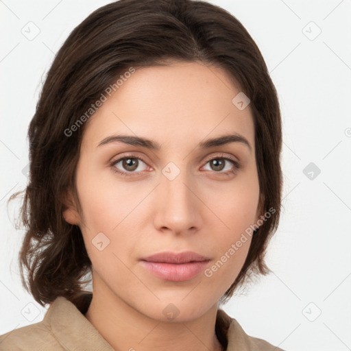 Neutral white young-adult female with medium  brown hair and brown eyes