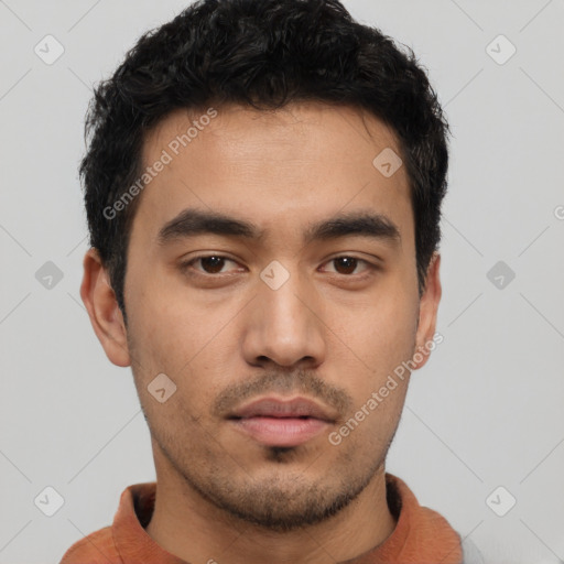 Neutral asian young-adult male with short  black hair and brown eyes