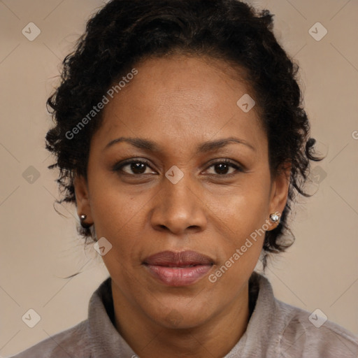 Joyful black adult female with short  brown hair and brown eyes