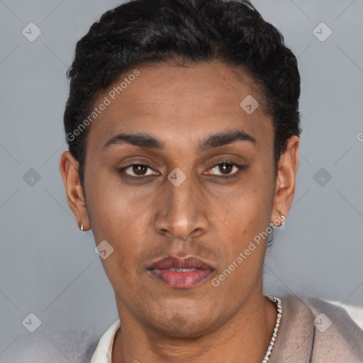 Neutral latino young-adult female with short  black hair and brown eyes