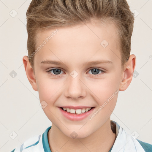 Joyful white child female with short  brown hair and brown eyes